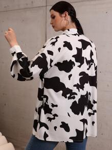 Plus Cow Print Button Up Blouse - Black and White - View 2