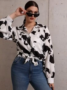 Plus Cow Print Button Up Blouse - Black and White - View 3