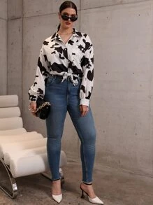 Plus Cow Print Button Up Blouse - Black and White - View 4