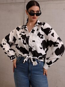 Plus Cow Print Button Up Blouse - Black and White - View 5