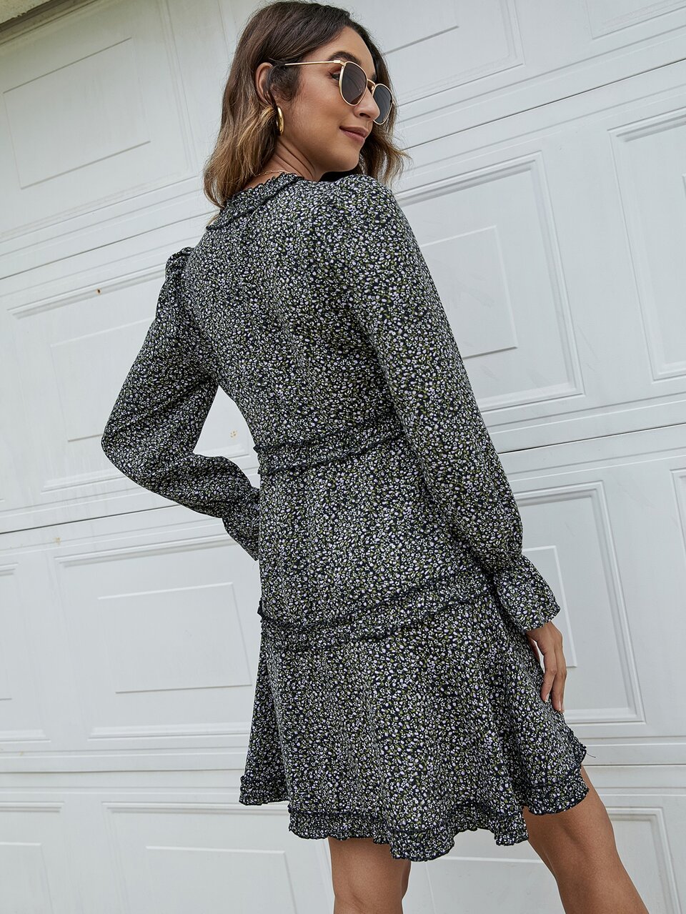 Ditsy Floral Frill Trim Flounce Sleeve Dress Winter Vacation