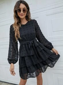 Swiss Dot Layered Hem Belted Dress - Black - View 1