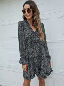 SHEIN Frenchy Đầm viền lá sen Xù Viên lá sen Họa tiết hoa Boho - Nhiều màu - Xem 3