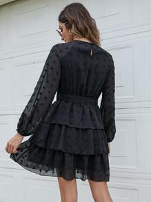 Swiss Dot Layered Hem Belted Dress - Black - View 2