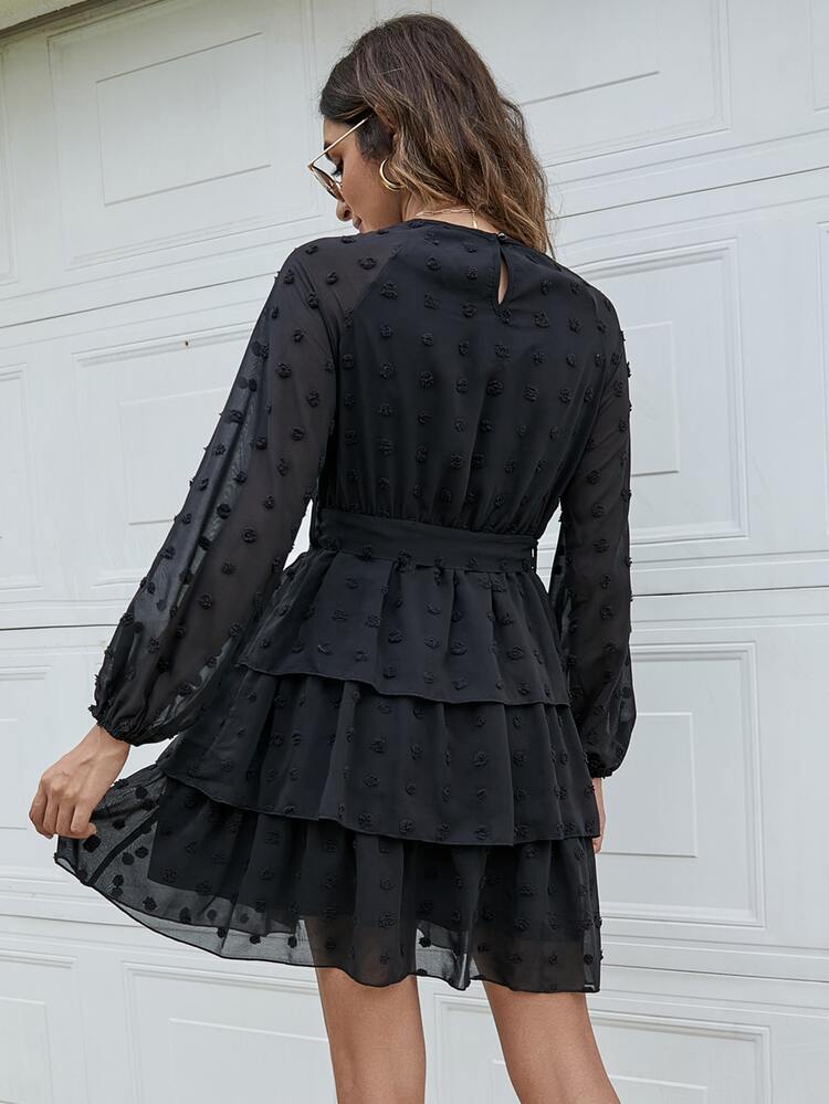 Swiss Dot Layered Hem Belted Dress - Black - View 2