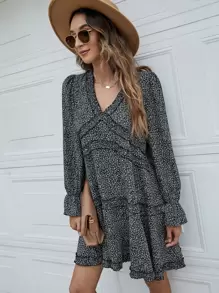 SHEIN Frenchy Đầm viền lá sen Xù Viên lá sen Họa tiết hoa Boho - Nhiều màu - Xem 4