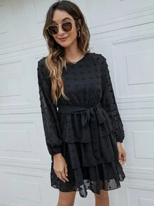 Swiss Dot Layered Hem Belted Dress - Black - View 3