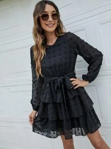 Swiss Dot Layered Hem Belted Dress - Black - View 4