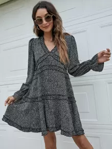 SHEIN Frenchy Đầm viền lá sen Xù Viên lá sen Họa tiết hoa Boho - Nhiều màu - Xem 5