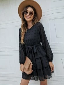 Swiss Dot Layered Hem Belted Dress - Black - View 5