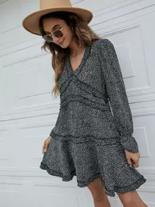 SHEIN Frenchy Đầm viền lá sen Xù Viên lá sen Họa tiết hoa Boho - Nhiều màu - Xem 6
