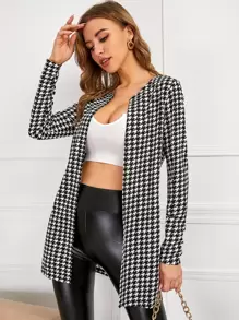 SHEIN Privé Houndstooth Pattern Open Front Coat In Fall/Winter - Black and White - View 1