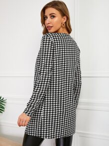 SHEIN Privé Houndstooth Pattern Open Front Coat In Fall/Winter - Black and White - View 2