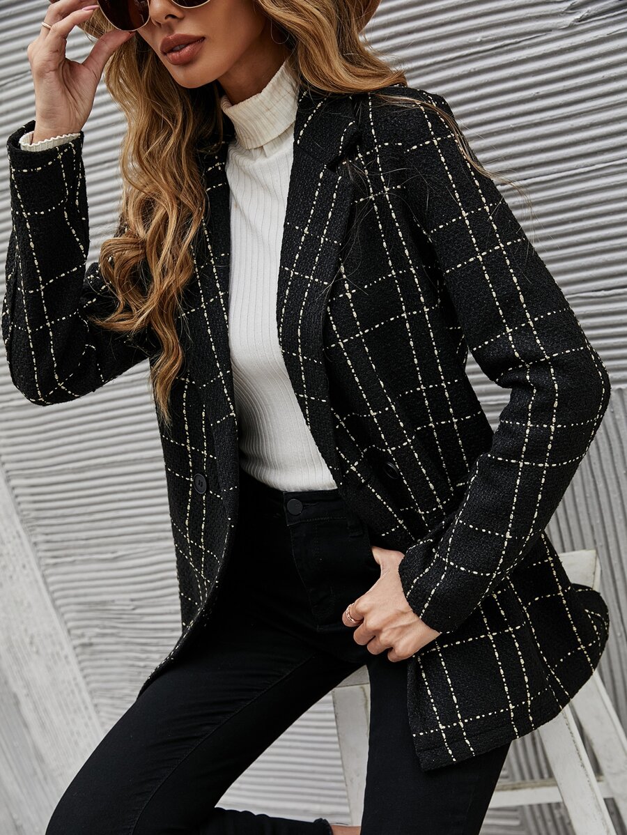 Plaid Lapel Neck Tweed Blazer - Black - View 1