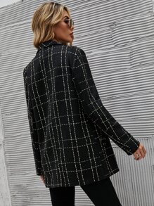 Plaid Lapel Neck Tweed Blazer - Black - View 2