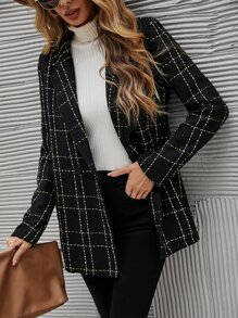 Plaid Lapel Neck Tweed Blazer - Black - View 4