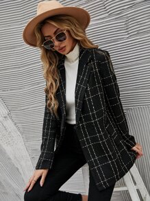 Plaid Lapel Neck Tweed Blazer - Black - View 6