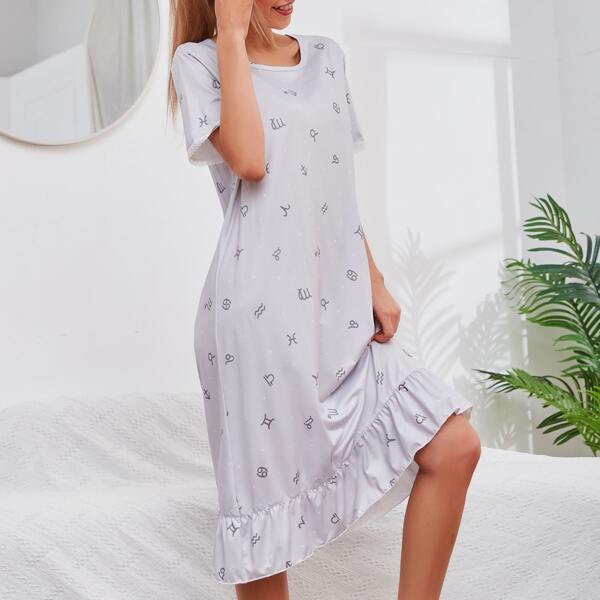 

Graphic Print Ruffle Hem Night Dress, Light grey