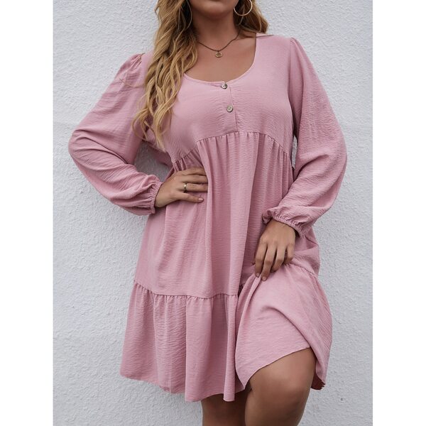 

Plus Half Button Lantern Sleeve Smock Dress, Pink