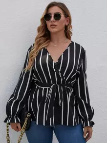 SHEIN LUNE Plus Striped Surplice V Neck Belted Blouse - Black and White - View 1