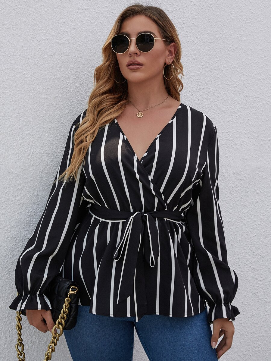 SHEIN LUNE Plus Striped Surplice V Neck Belted Blouse - Black and White - View 1