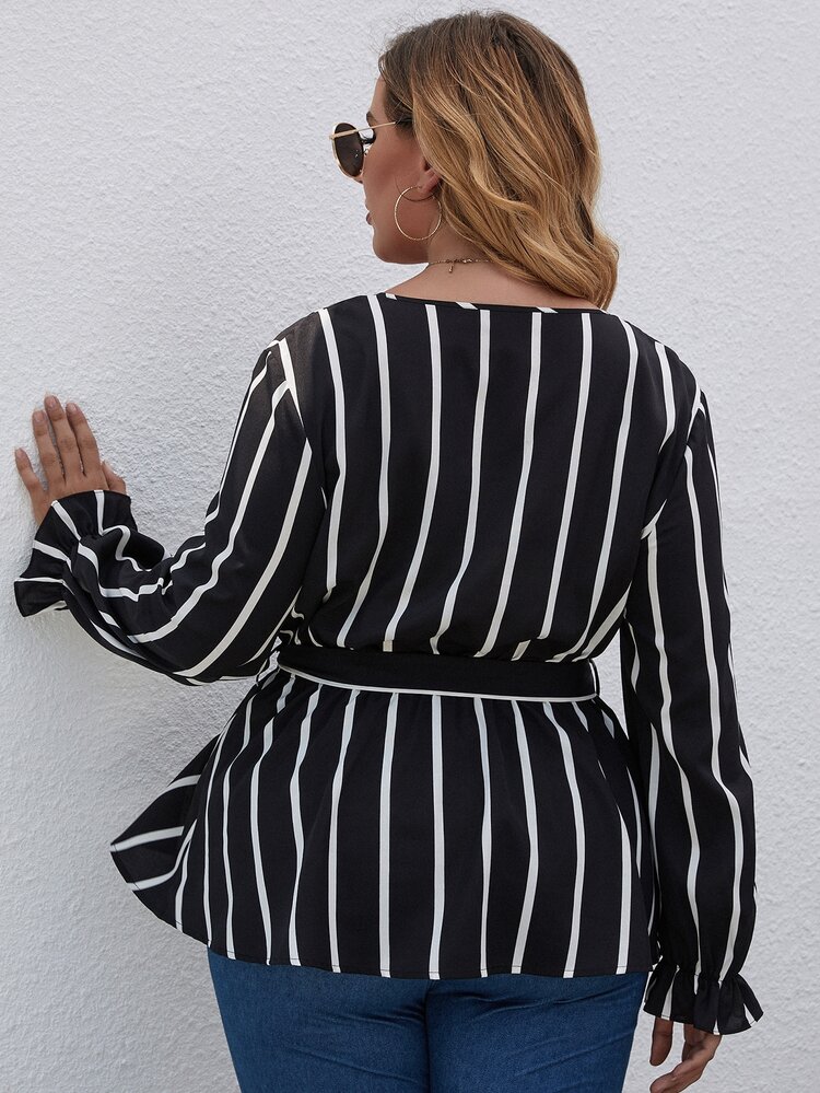 SHEIN LUNE Plus Striped Surplice V Neck Belted Blouse - Black and White - View 2