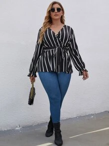 SHEIN LUNE Plus Striped Surplice V Neck Belted Blouse - Black and White - View 3