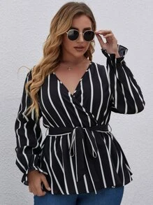 SHEIN LUNE Plus Striped Surplice V Neck Belted Blouse - Black and White - View 4