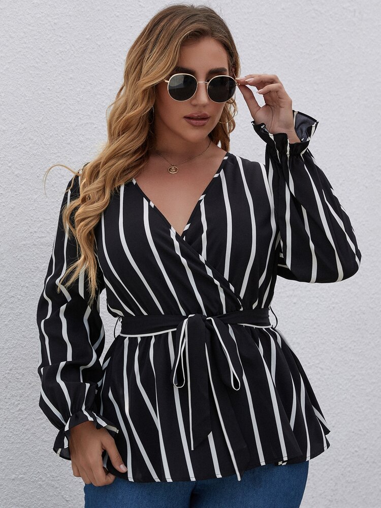 SHEIN LUNE Plus Striped Surplice V Neck Belted Blouse - Black and White - View 4