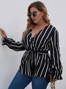 SHEIN LUNE Plus Striped Surplice V Neck Belted Blouse - Black and White - View 5