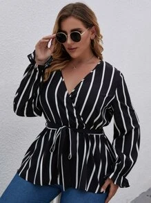 SHEIN LUNE Plus Striped Surplice V Neck Belted Blouse - Black and White - View 6