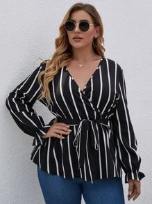 SHEIN LUNE Plus Striped Surplice V Neck Belted Blouse - Black and White - View 7
