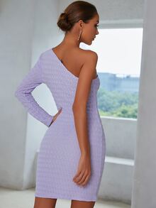 Modelyn One Shoulder Lettuce Trim Bodycon Dress Without Belt - Lilac Purple - View 2