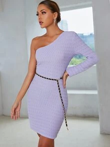 Modelyn One Shoulder Lettuce Trim Bodycon Dress Without Belt - Lilac Purple - View 3