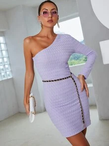 Modelyn One Shoulder Lettuce Trim Bodycon Dress Without Belt - Lilac Purple - View 6