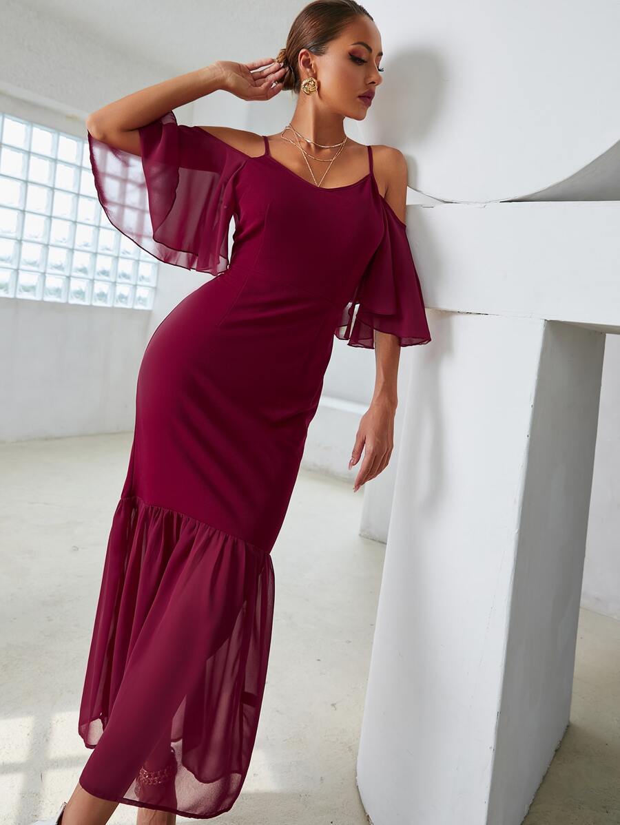 Modelyn Cold Shoulder Contrast Mesh Mermaid Hem Dress - Rose Red - View 1