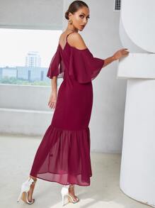 Modelyn Cold Shoulder Contrast Mesh Mermaid Hem Dress - Rose Red - View 2