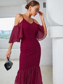Modelyn Cold Shoulder Contrast Mesh Mermaid Hem Dress - Rose Red - View 3