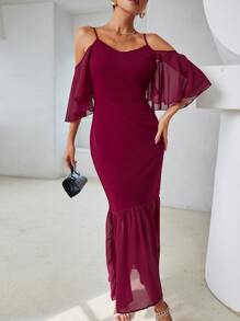 Modelyn Cold Shoulder Contrast Mesh Mermaid Hem Dress - Rose Red - View 4