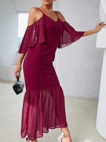 Modelyn Cold Shoulder Contrast Mesh Mermaid Hem Dress - Rose Red - View 5