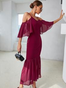 Modelyn Cold Shoulder Contrast Mesh Mermaid Hem Dress - Rose Red - View 6