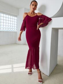 Modelyn Cold Shoulder Contrast Mesh Mermaid Hem Dress - Rose Red - View 7