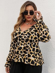 Plus Allover Print Flounce Sleeve Peplum Blouse - Multicolor - View 6