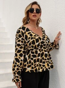 Plus Allover Print Flounce Sleeve Peplum Blouse - Multicolor - View 4