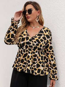 Plus Allover Print Flounce Sleeve Peplum Blouse - Multicolor - View 7