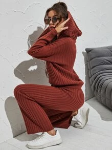 Mulvari Suéter con capucha tejido de canalé unicolor con pantalones tejidos - Color caoba - Ver 2