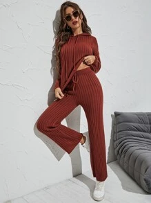 Mulvari Suéter con capucha tejido de canalé unicolor con pantalones tejidos - Color caoba - Ver 3