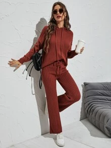 Mulvari Suéter con capucha tejido de canalé unicolor con pantalones tejidos - Color caoba - Ver 4