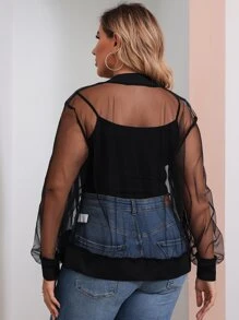 Calvaya Plus Solid Zip Up Mesh Bomber Jacket Fall Winter Cloth For Women Autumn - Black - View 2