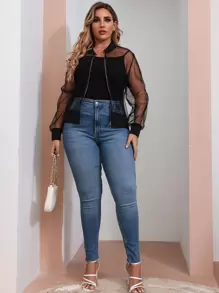 Calvaya Plus Solid Zip Up Mesh Bomber Jacket Fall Winter Cloth For Women Autumn - Black - View 3